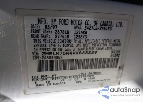 1997 Mercury Grand Marquis Ls из США, поврежденный, VIN 2MELM75W4VX688339